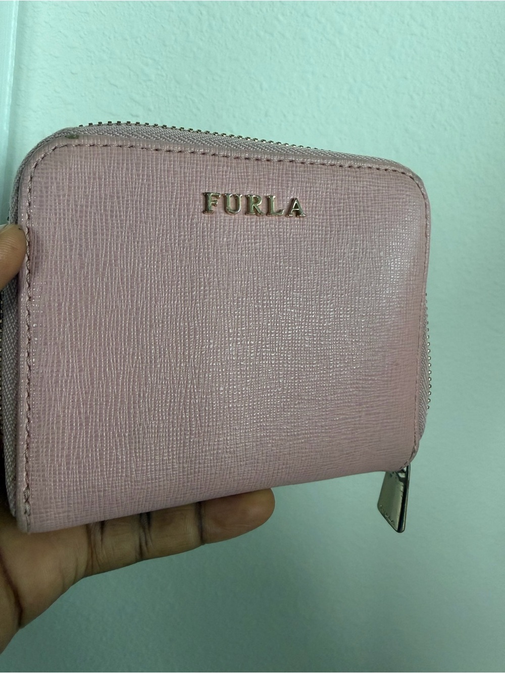 Furla Pale Pink Saffiano Zip Wallet with Gold Logo